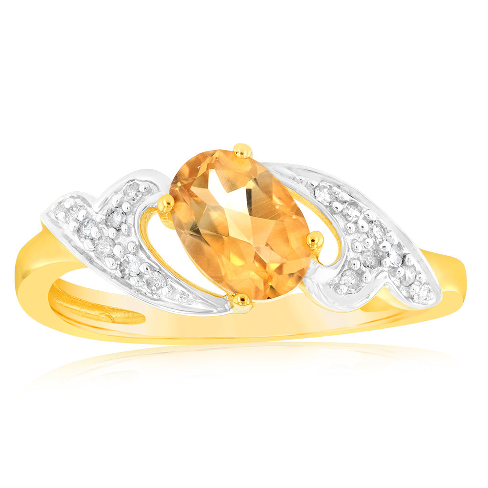 9ct Yellow & White Gold Two Tone Natural Citrine And Diamond Ring