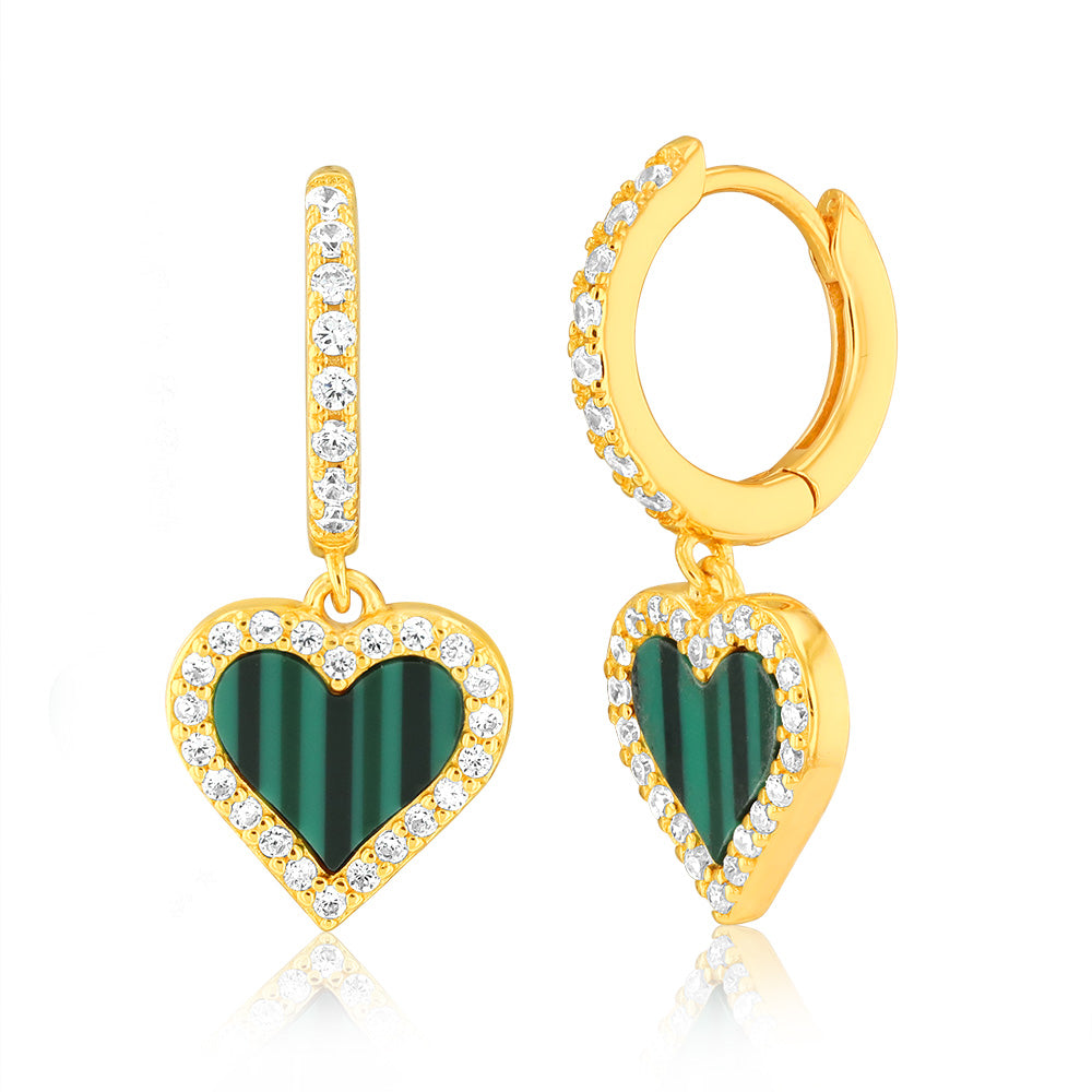 Malachite & Cubic Zirconia Heart Hoop Drop Earrings in Gold Plated Sil ...