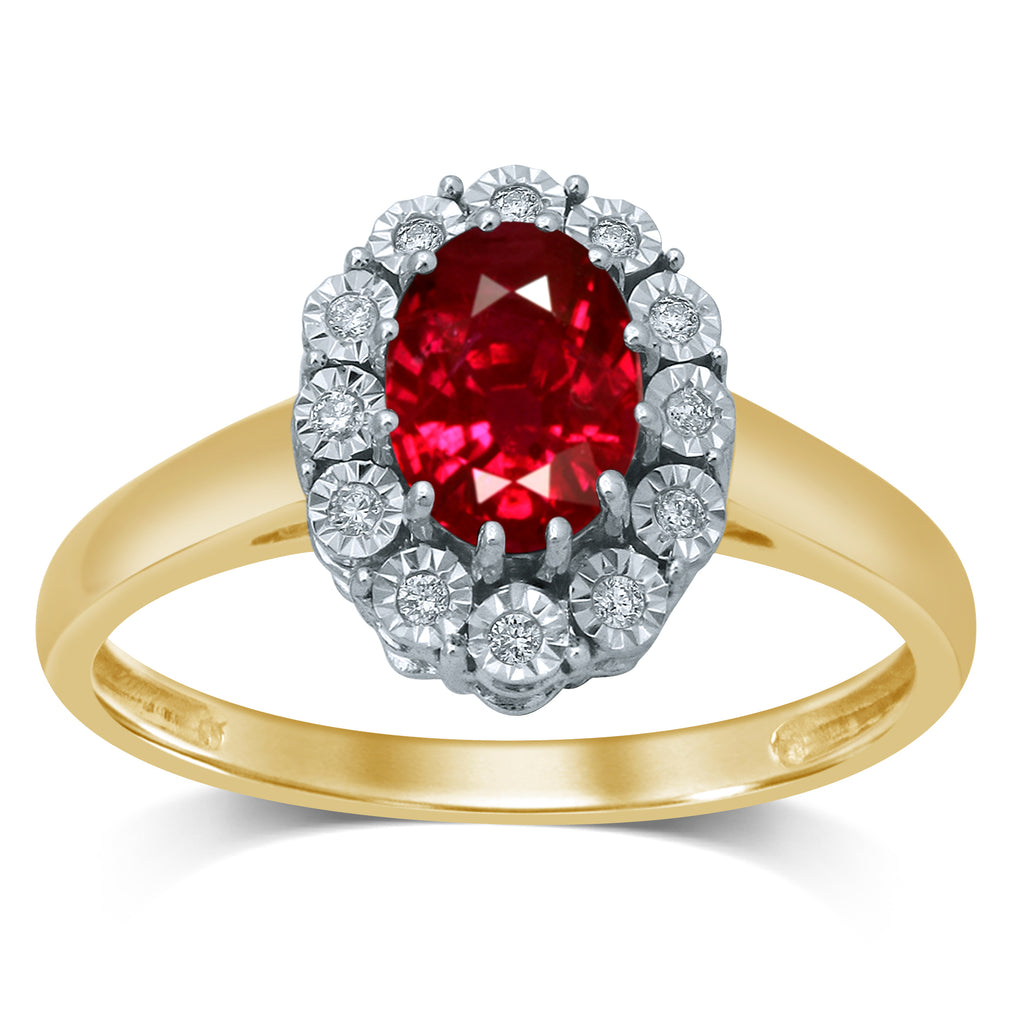 9ct Yellow Gold Created Oval Ruby & Diamond Ring