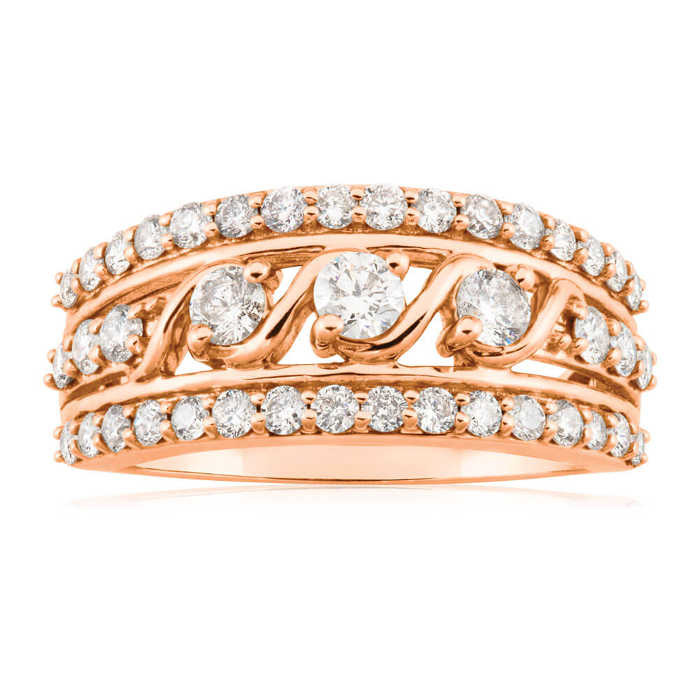 9ct Rose Gold 1 Carat Diamond Ring set with 41 Brilliant Cut Diamonds