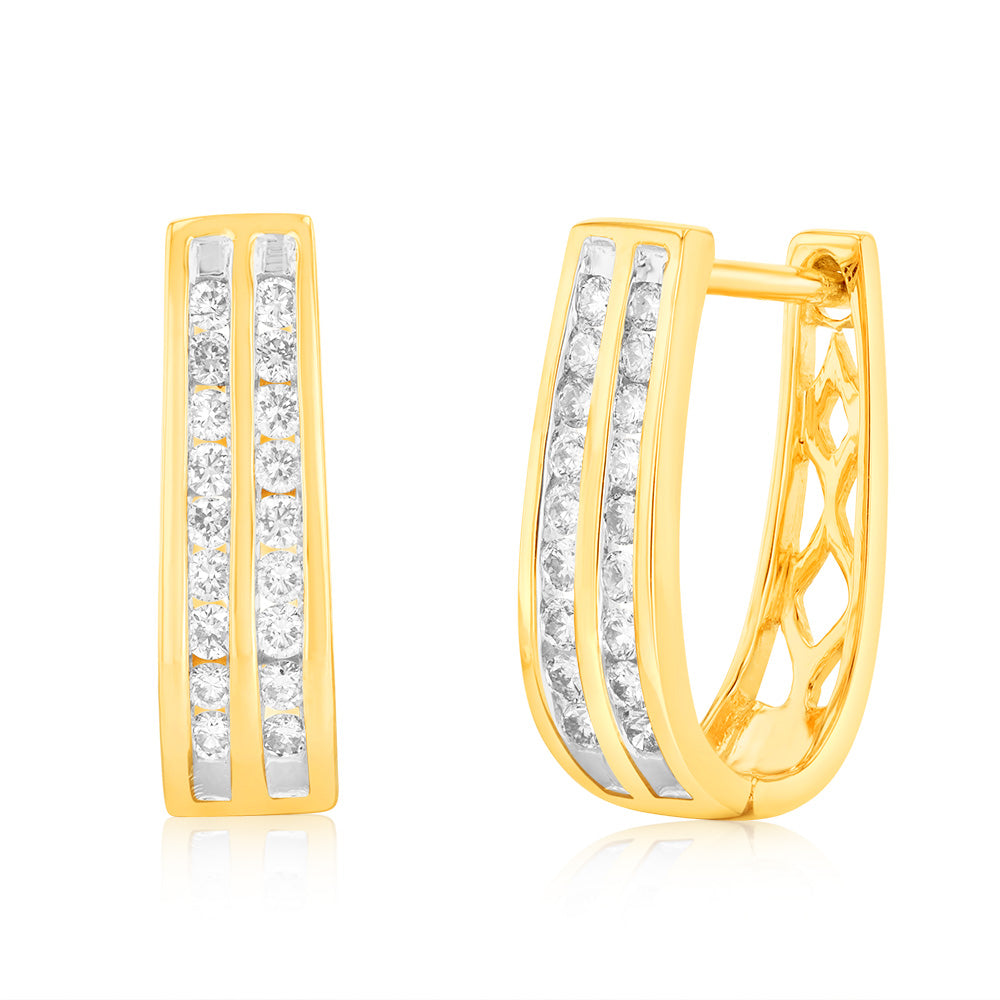 9ct Yellow Gold 1/2 Carat Diamond Double Row Hoop Earrings