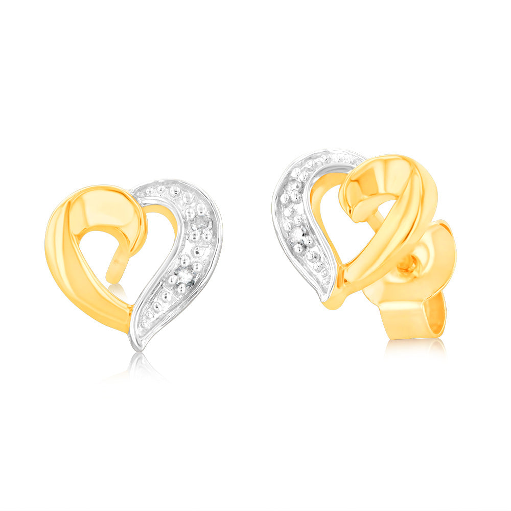 9ct Yellow Gold Heart Shaped Diamond Stud Earrings