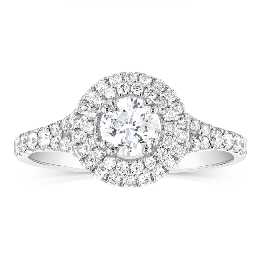 14ct White Gold 1 Carat Brilliant Cut Diamond Solitaire Ring with Double Diamond Halo and Diamond Split Shank