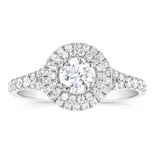 Load image into Gallery viewer, 14ct White Gold 1 Carat Brilliant Cut Diamond Solitaire Ring with Double Diamond Halo and Diamond Split Shank