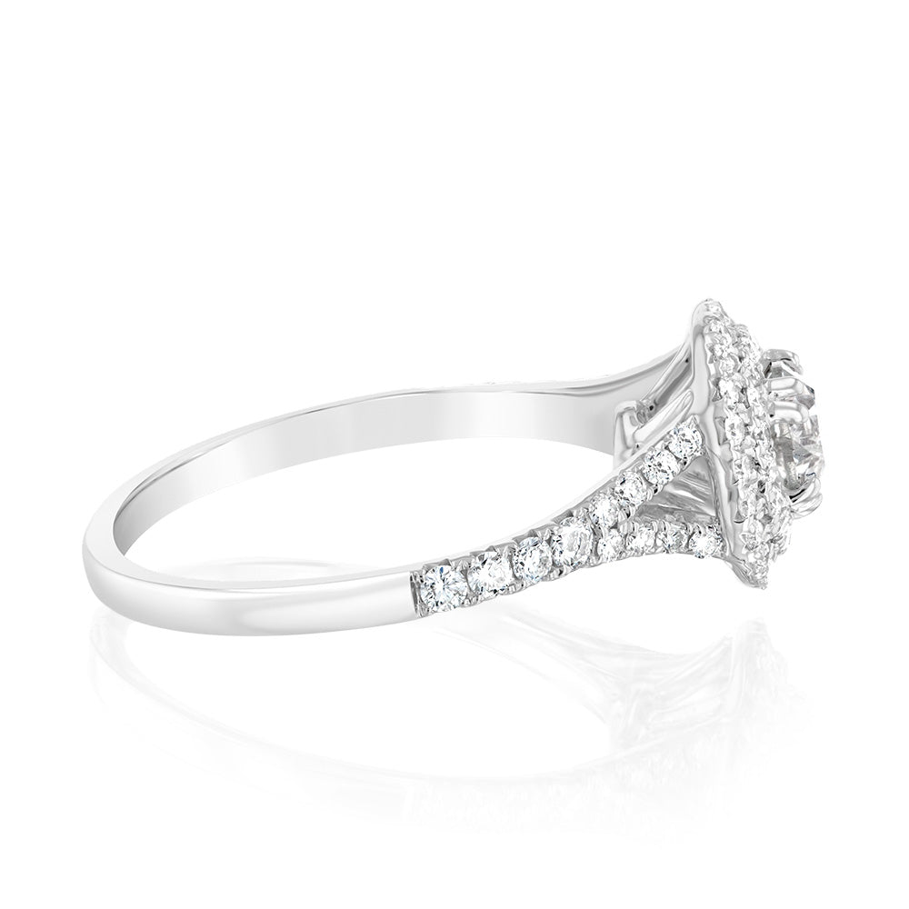 14ct White Gold 1 Carat Brilliant Cut Diamond Solitaire Ring with Double Diamond Halo and Diamond Split Shank