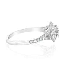 Load image into Gallery viewer, 14ct White Gold 1 Carat Brilliant Cut Diamond Solitaire Ring with Double Diamond Halo and Diamond Split Shank