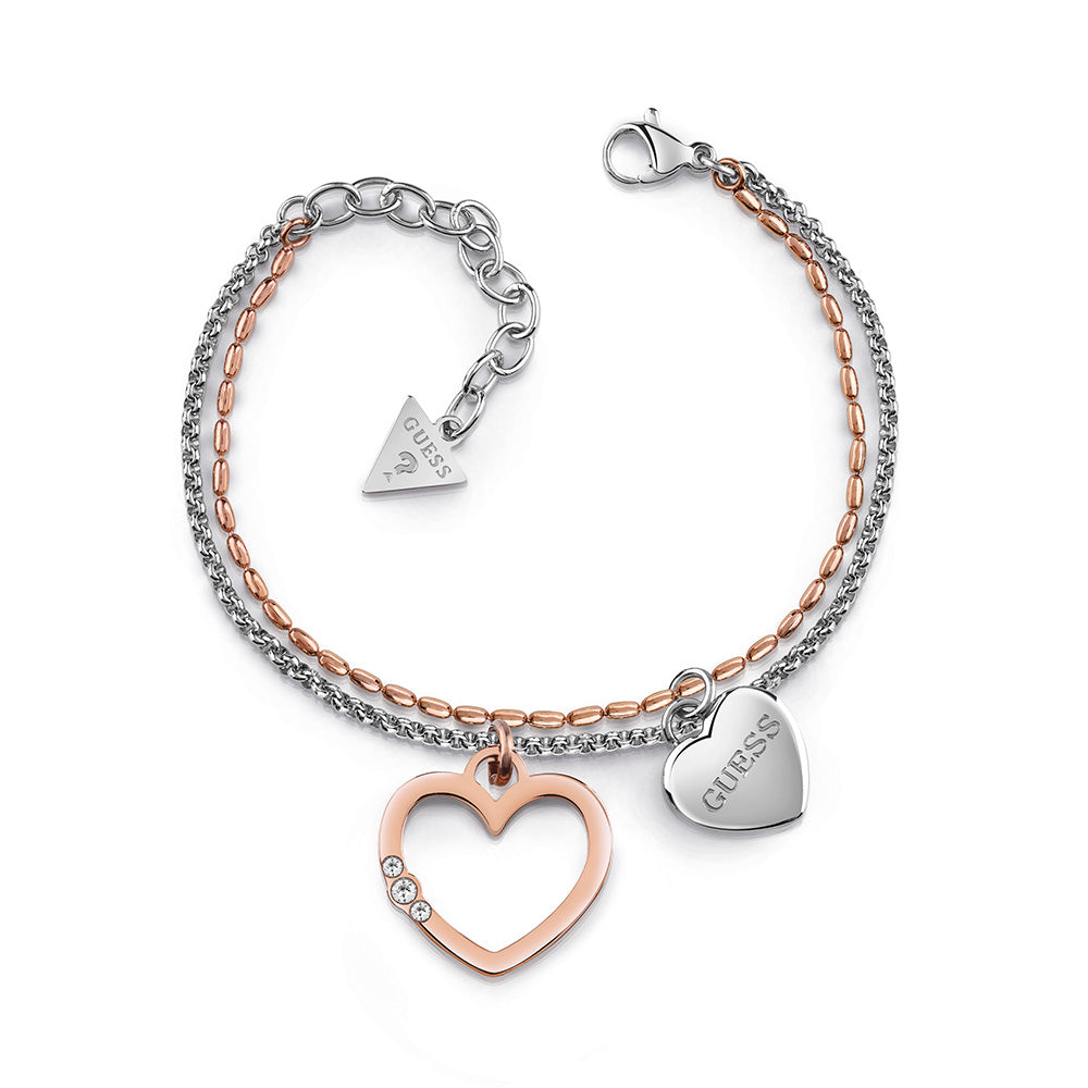 GUESS Rose and Silver Plated Double Heart Multi Strand Bracelet