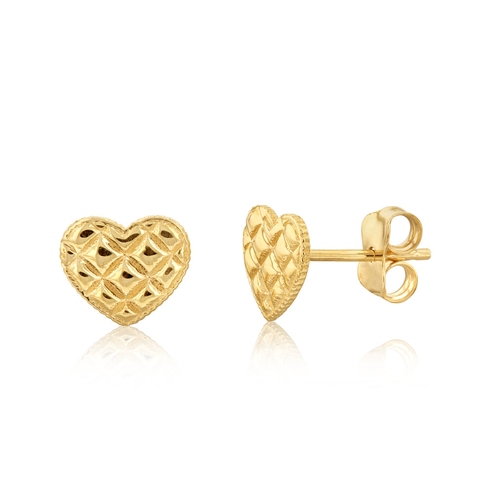 9ct Yellow Gold Textured Heart Stud Earrings