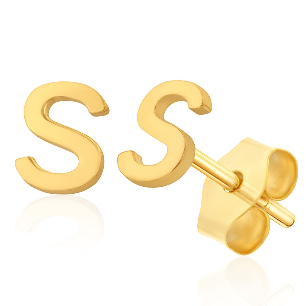 9ct Yellow Gold Mini Initial "S" Stud Earrings