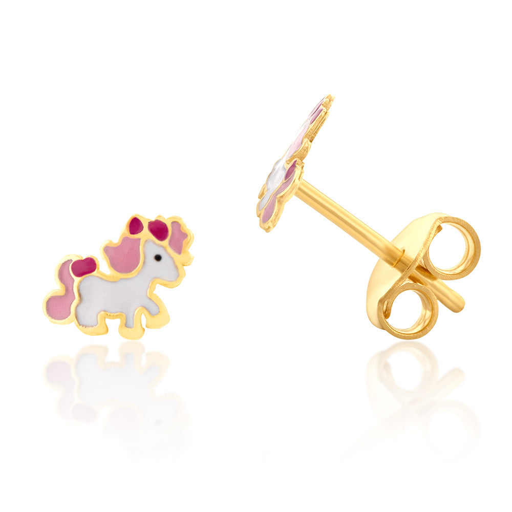 9ct Yellow Gold Coloured Unicorn Stud Earrings