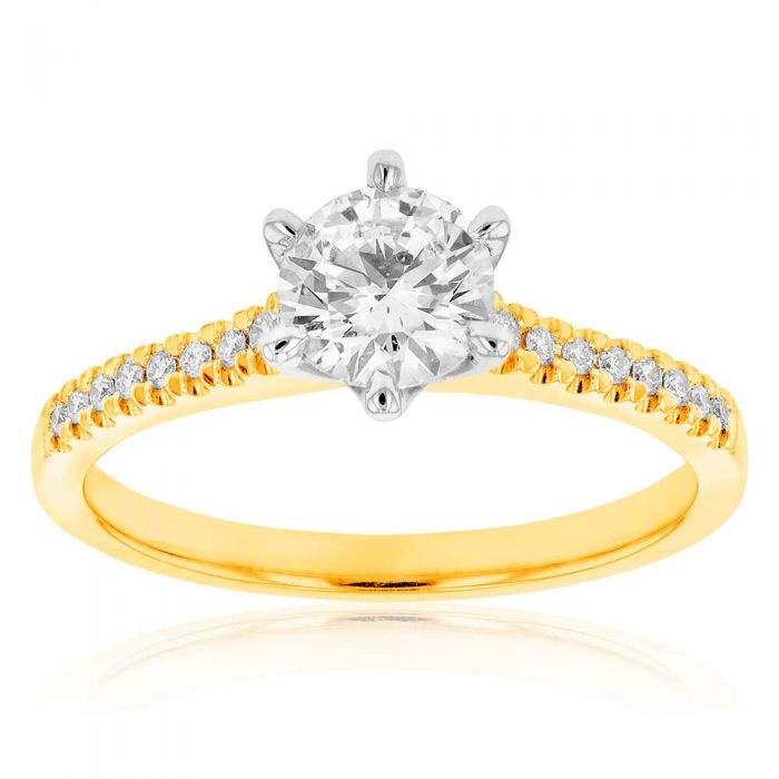 18ct Yellow Gold 3/4 Carat Diamond Solitaire Ring with 0.70 Carat Centre Diamond and 16 Shoulder Diamonds